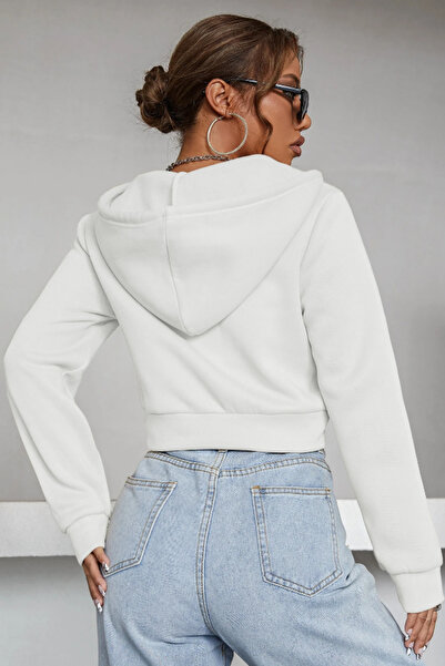 Tarz Cool Kadın Kapüşonlu Şardonlu Beyaz Renk Crop Sweatshirt