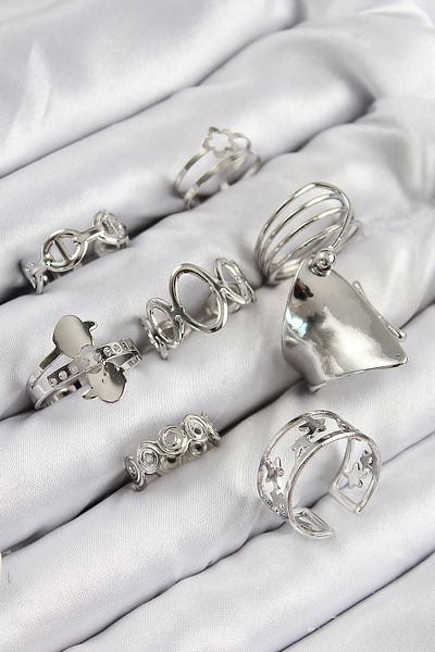 TT Tahtakale Toptancıları Brass Spiral and Star Model Silver Color Women's Ring Combination Set