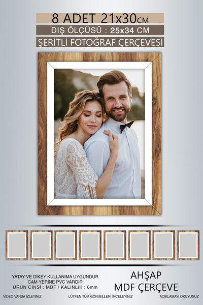 yhfoto 8 Adet 21x30 Çerçeve - Ahşap-Beyaz Şeritli Çerçeve - A4 Çerçeve - Pvc'...