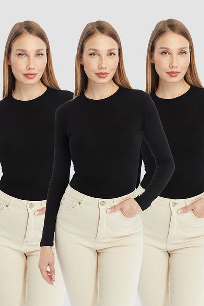 LAENT Women's Black Round Neck 3-Piece Bodysuit