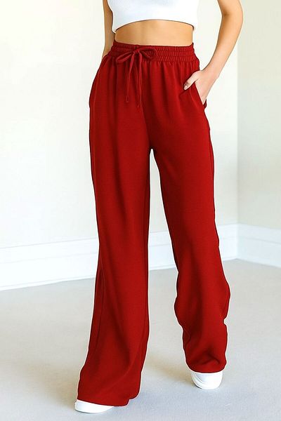 trendalisse Women's Red Elastic Waist Pocketed Wide Leg Seasonal Trousers