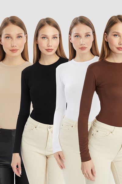LAENT Women's Black White Cream Brown Round Neck 4-Piece Bodysuit