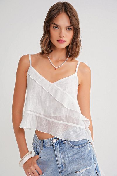 Mixray 4736 Women's Ruffled Strap Blouse White