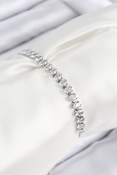 Nehir Brass Zircon Stone Drop Model Silver Color Elevator Women's Bracelet Va...