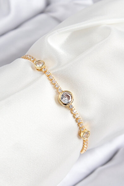SeyCey.co سوار نسائي من حجر الزركون النحاسي على شكل دائرة ذهبية اللون مع مصعد