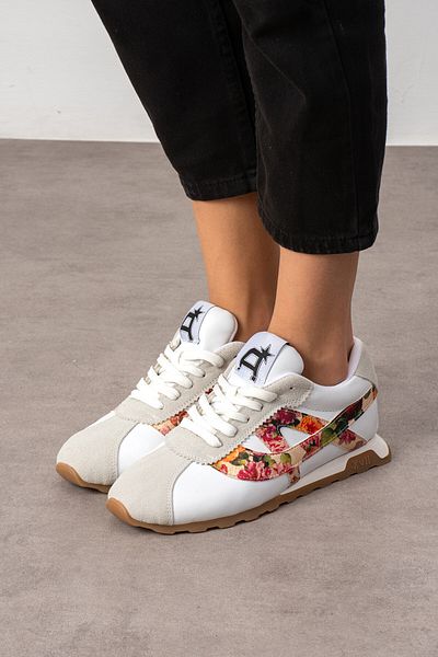 DABAB AYAKKABI Women's White Skin Flower Detailed Lace up Flat Comfortable Daily Sports Sneakers