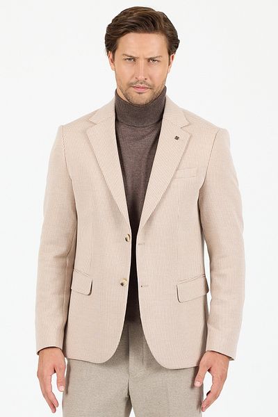 Frappoli Yumas Men's Beige Stretching Lycra Cotton Blended Knitted Fabric Sports Blazer Jacket