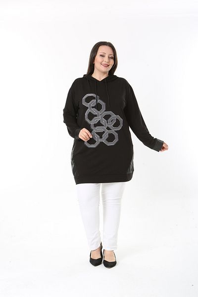MODA LİZZA Women's Plus Size Stone Printed and Hooded Black Tunic