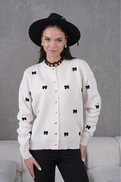 FLEX FASHION Women's Trend Popular Bow Detail 60 cm Knitwear Cardigan