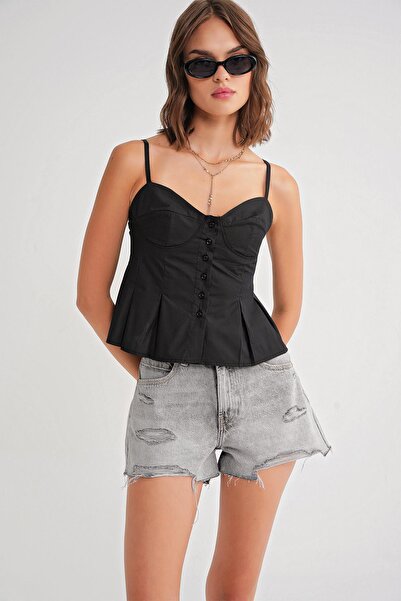 Mixray 4737 Women's Buttoned Cup Pleated Blouse Black