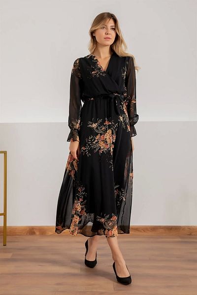 AZRA BUTİK Long Yellow Floral Chiffon Dress - Black