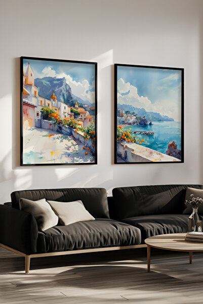 STARYUNA Set de pictură dublă cu efect de acuarelă cu vedere la coastă din It...