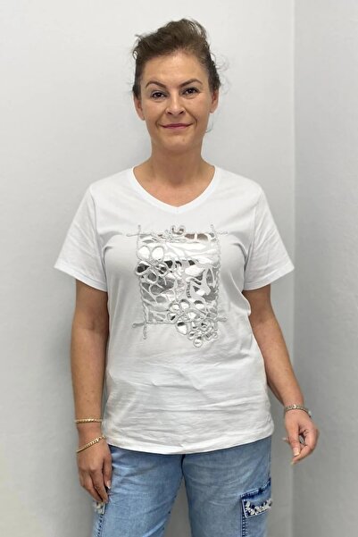Mia Butik Women's White Silver Printed Tshirt