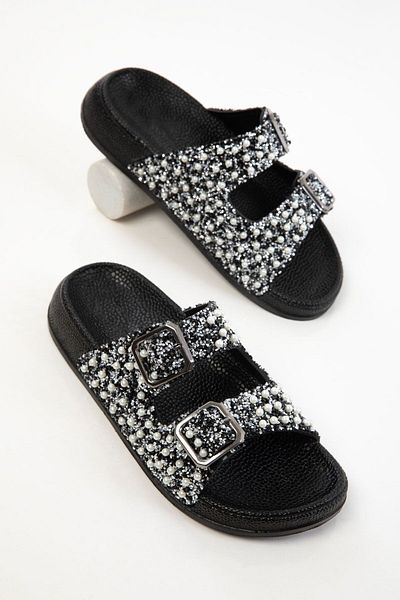 SUNSTEP Black and White Summer Women's Slippers – Comfortable Double Buckle Design