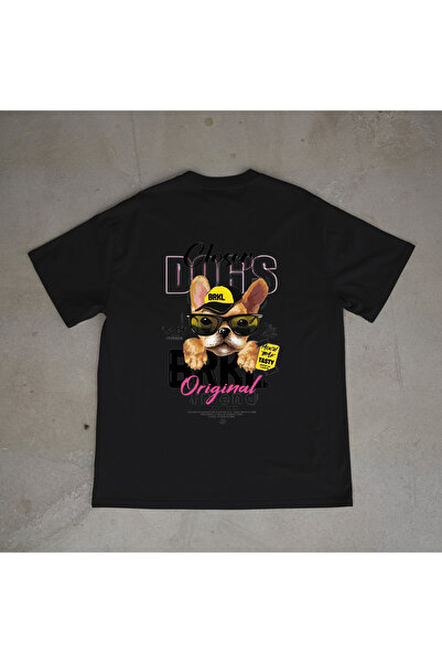 urbvn تي شيرت أسود كبير الحجم مطبوع بتصميم Frenchdog