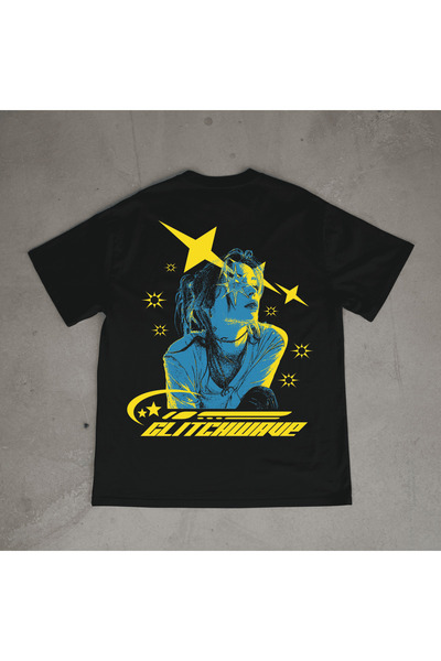 urbvn تي شيرت أسود كبير الحجم مطبوع بتصميم Glitch