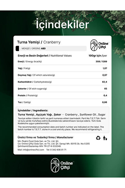 OnlineÇiftçi Cranberry Turna Yemiş 500Gr