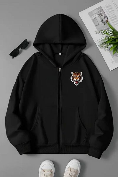 VBSVİBES Unisex Black Hooded Zippered Sweatshirt – Tiger Printed, Thick Fabric with Hood