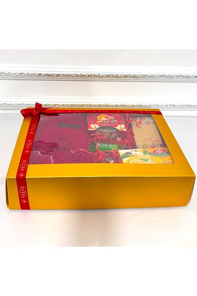 velve Merry Christmas package, with thin shawl, Raghba Arabic perfume, Fares tea and globe decoration, RED