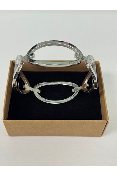 VLDORO D'Oro Modern Oval Connected Silver Tone Steel Bracelet