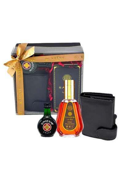 velve Amigos package, Saheb Arabic perfume 50ml, Zwack Unicum liqueur, natural leather card, Black