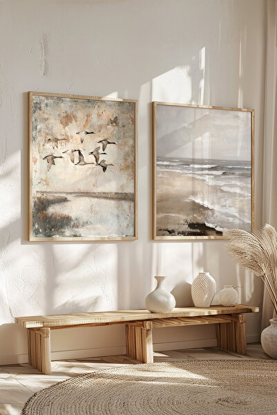 STARYUNA Ahşap Çerçeveli Kuş ve Kıyı Manzaralı Yağlıboya Efektli İkili Tablo Seti Yuna280