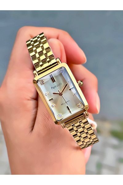 Ferrucci Women's Wristwatch Rectangular Model Cut Glass Steel Cord Waterproof Bracelet Gift