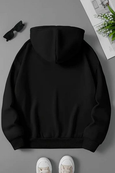 VBSVİBES Unisex Black Hooded Zippered Sweatshirt – Palm Minimal Printed, Thick Fabric with Hood