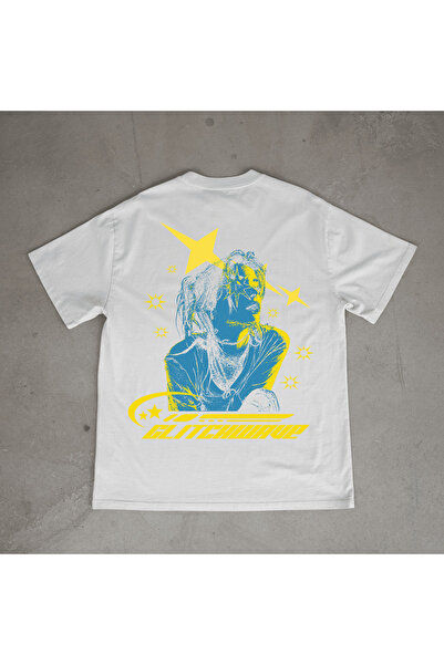 urbvn تي شيرت أبيض كبير الحجم مطبوع بتصميم Glitch