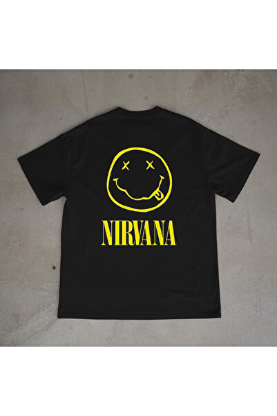 urbvn تي شيرت أسود كبير الحجم مطبوع عليه شعار نيرفانا
