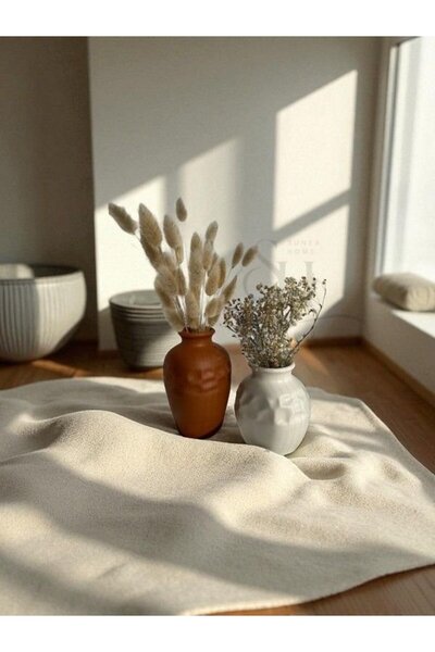 Sunea Etnik Desenli 2'li Beton Dekoratif Vazo Set, Dokulu Vazo Set