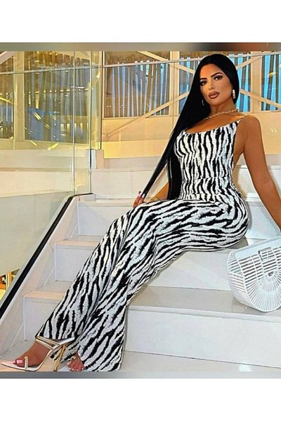 Modayakamoz Women's Women's Rope Strap Draped Collar Zebra Pattern Maxi Length Dress