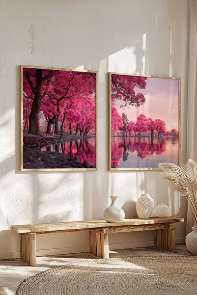 STARYUNA Set de pictură dublă cu cadru din lemn, cu copaci roz și vedere la l...