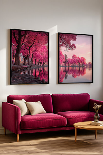 STARYUNA Set de pictură dublă cu cadru negru cu vedere la copaci roz și lac Y...