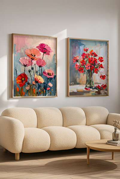 STARYUNA Ahşap Çerçeveli Gelincikli Yağlıboya Efektli İkili Tablo Seti, salon...