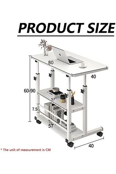 Türkiye Home Office Desk, Lifted Height Adjustable Bedside Laptop Desk with Shelf & Rolling Wheels, Portable
