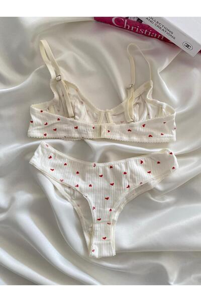dem merys Miniş Red Heart Patterned Underwire Cotton Combed Bra Set (Bra Kilot)