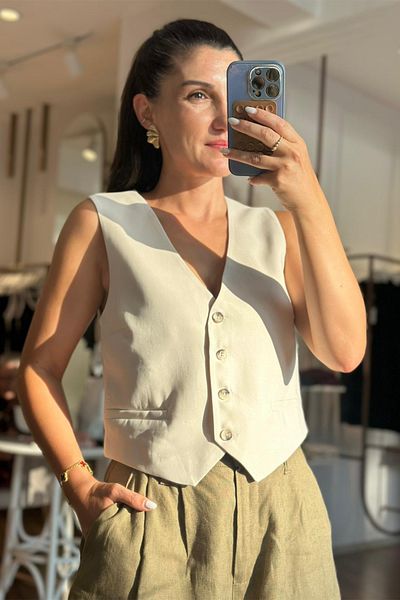 Unique Boutique Cream Color Bone Buttoned Linen Vest