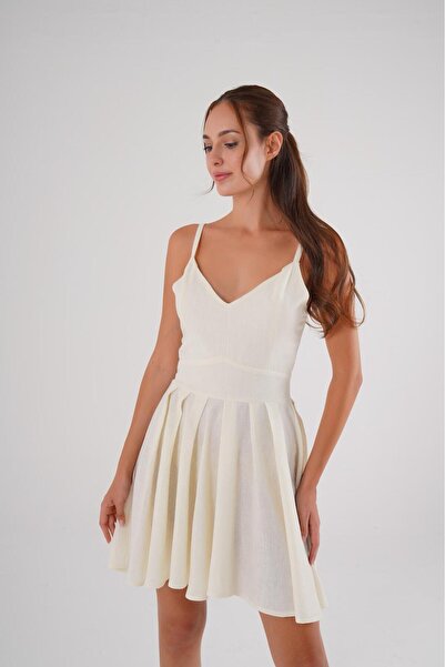 DIVINE TASARIM DIVINE Kısa Özel Tasarım Keten Viskon Elbise – Açık Pastel Sarı