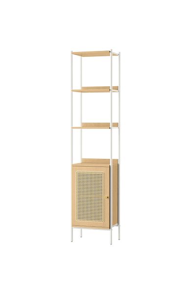 VASAGLE 6-Tier Bookcase, Metal Frame, Boho Rattan Effect Door, 30x40x175 cm, White and Beige