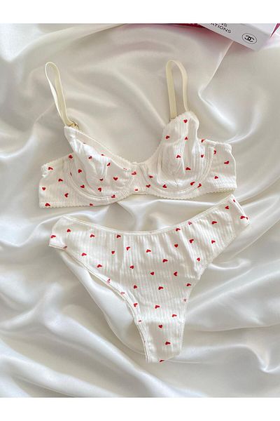 Fleur de Lingerie Miniş Red Heart Patterned Underwire Cotton Combed Bra Set (Bra Kilot)