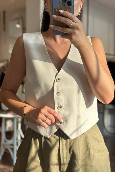 Unique Boutique Cream Color Bone Buttoned Linen Vest