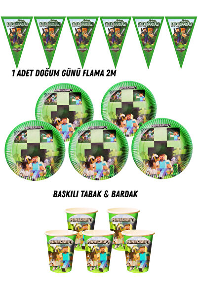 HAPPYLOOPPARTY Minecraft 40 Kişilik Tabak , Bardak , Flama Bayrak Doğum Günü Set