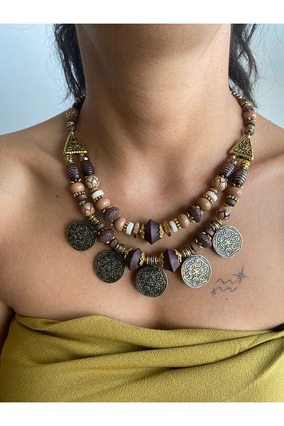 dela otantik Handmade Authentic Bohemian Bronze Layered Necklace – Ethnic and Flashy Design Beaded Bijoux Jewelry