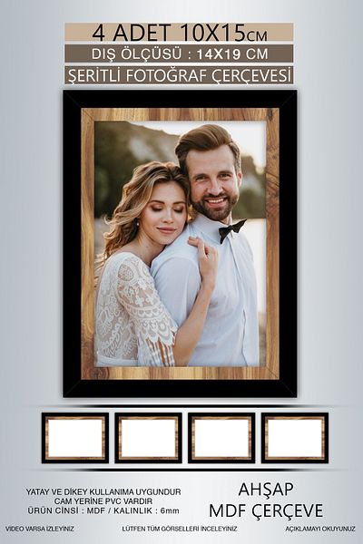 Bytwo 4 Pieces 10X15 Frame - Black Wooden Striped Frame - Mdf Frame - Pvc Photo Frame