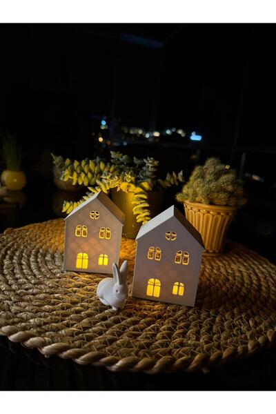 Root Made 2li Kış Evleri Tealight Mumluk Balkon Süsü Kahve Sunumluk Ev Dekor Tavşan Hediyeli Minik Evler