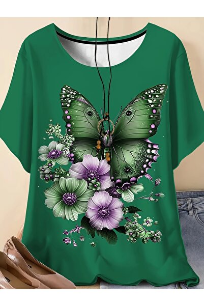 GALASHOP Kadınlar için Kelebek & Çiçek Baskılı T-Shirt