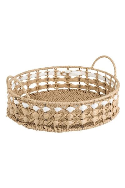 divendi-ro Decorative round tray with straw handles, for decorations or serving, Ø30x8 cm, beige