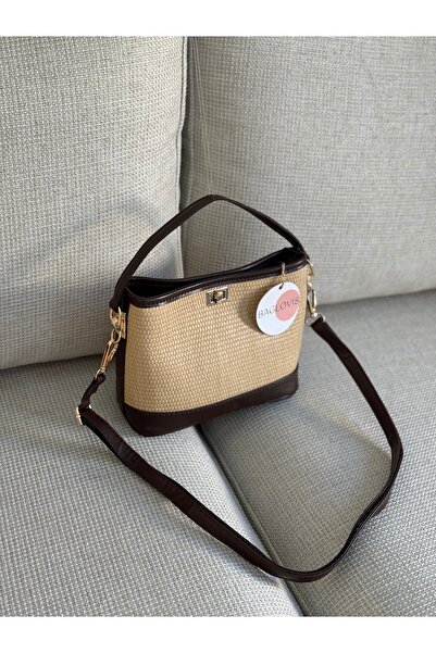 BAGLOVİS Wicker Leather Detailed Women's Black Handbag with Lock on the Front with Compartments En23 Boy15