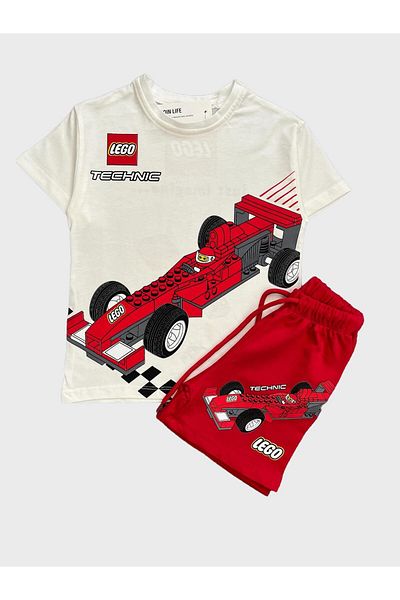 Fil Kids Boys' Cotton White Racing Car Patterned Crew Neck Short Sleeve Shorts Summer Pajamas Set